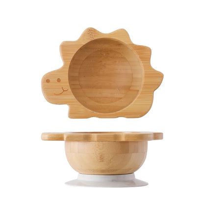 Baby Wooden Tableware Set Wooden Handle Fork Spoon Could Bamboo Wooden Plate Bowl Silicone Suction for Children Feeding Supplies