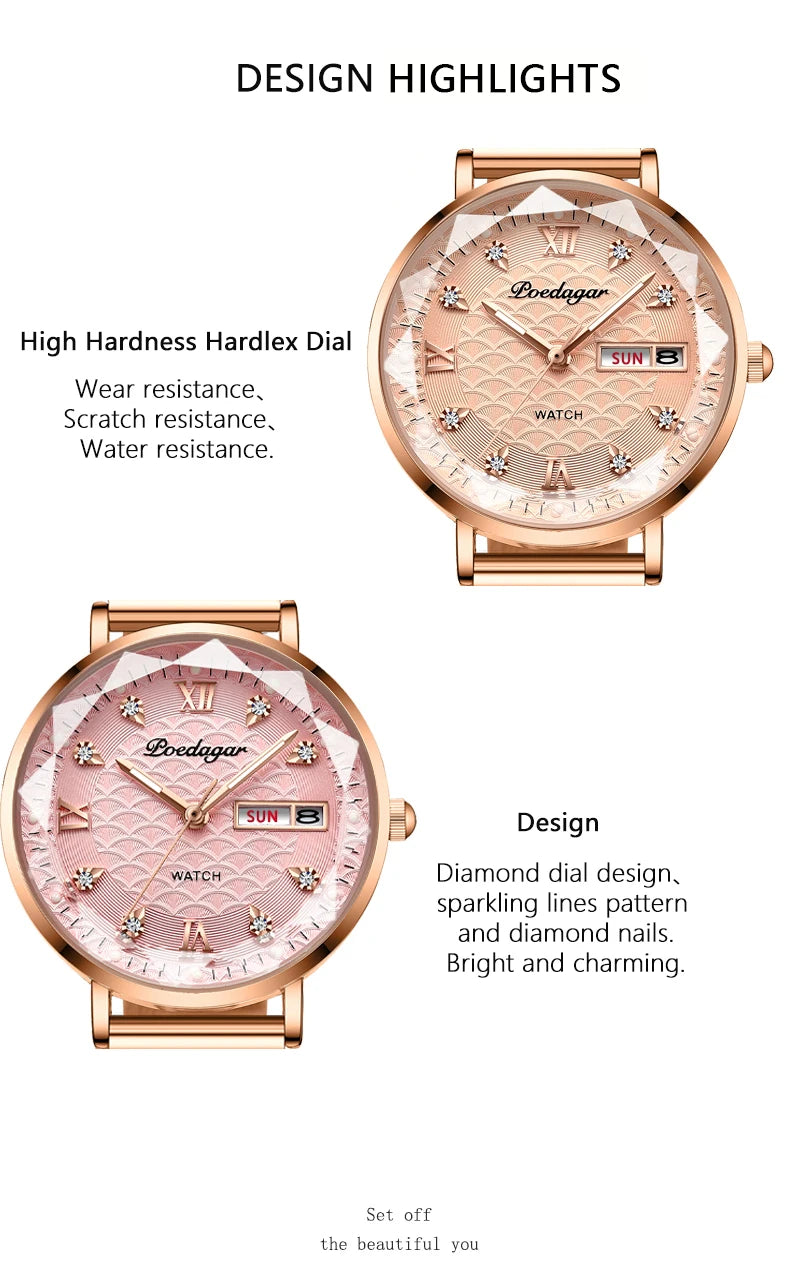 POEDAGAR Watch Women New Fashion Luxury Stainless Steel Wristwatch Bracelet Simple Rose Gold Waterproof Luminous Ladies Watches