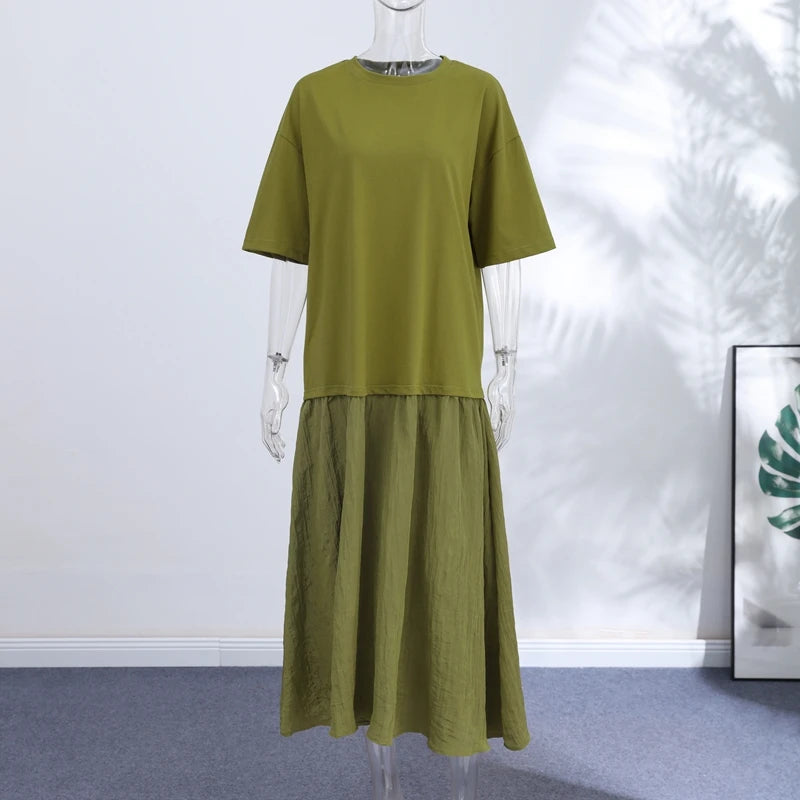 2026 Summer New Loose Patchwork Dresses Women's Pleated Fashion Short Sleeve O-neck Long Robes Female Elegant Casual Dress
