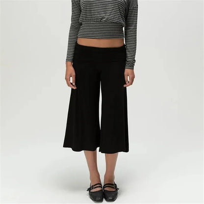 Women Fold Over Waist Gaucho Pants Low Rise Cropped Wide Leg Capri Pants Summer Foldover Culottes Yoga Pants Pajama Bottoms