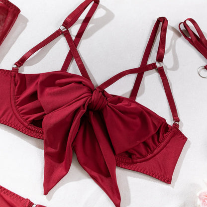 sexy lingerie set Bow bra Black Temptation Bra Set Belt Hollowed Out Gathering Four Piece underwear women Set Erotic Sleepwear
