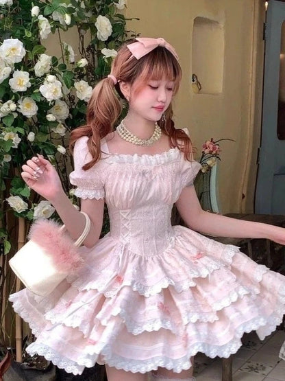 Kawaii Lovely Bow Lace Dress Women French Sweet Puff Sleeve Slim Cake Dresses Female Pretty Fairy Princess Dress Summer New