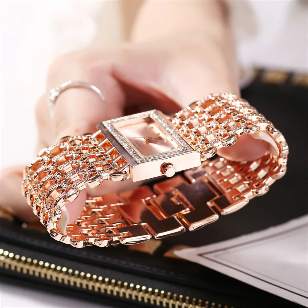 Luxury Noble Gold Ladies Quartz Watch Fashion Women's Skeleton Bracelet full Dress Clock Watches