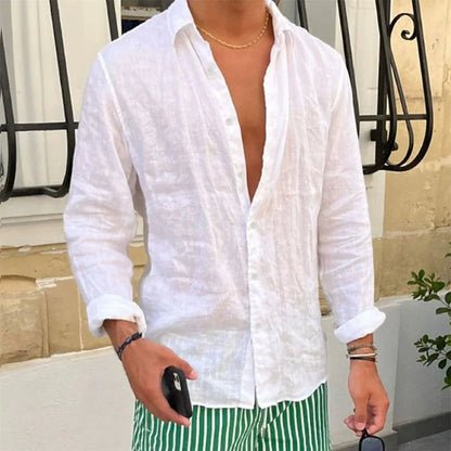 Spring Autumn Men's Cotton Linen Shirt Casual Long Sleeve Solid Color Slim Fit Lapel Basic Style Breathable Button Tops