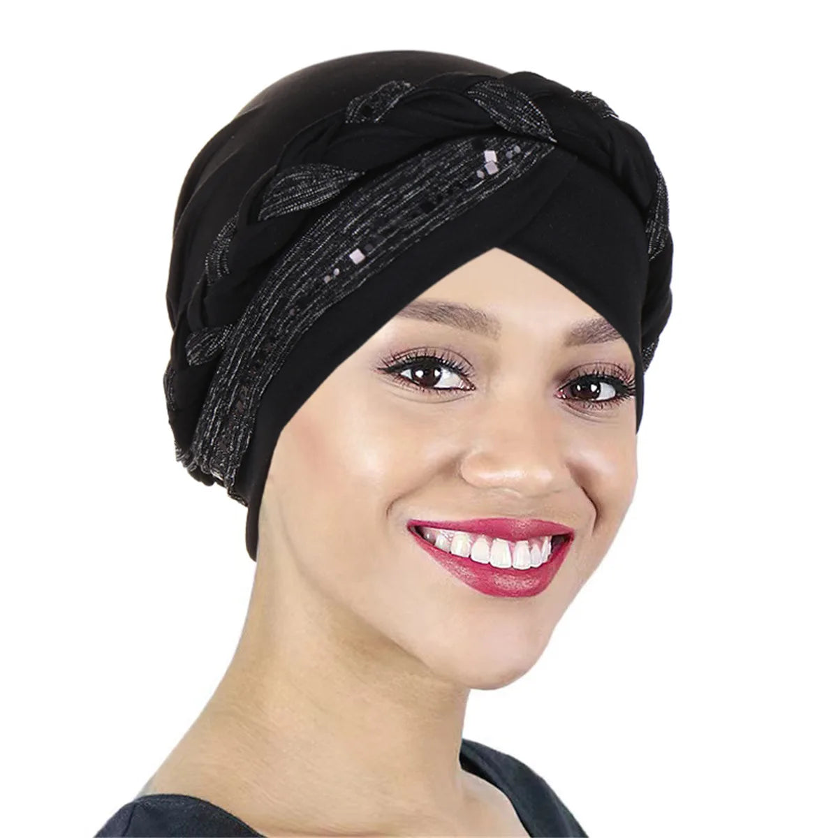 Color Blocked Bright Silk Braid Women Hijabs Turban Hat Solid Color Head Wraps  Pre-tied Elastic Head Scarf Beanies Chemo Cap