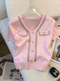 Women'S Casual Summer Top Pink Knit V-Neck with Button Details All-Season Style Casual Wear Vneck Top Knit Texture Crop Top