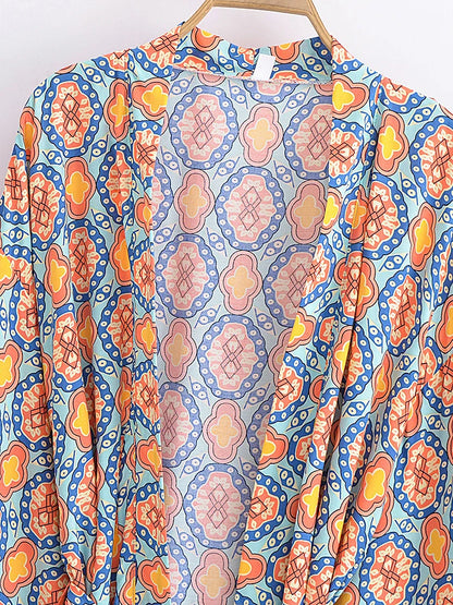 Boho Queens Vintage Peacock Floral Print Sashes Beach Kimono Women Bohemian Wrap Batwing Sleeves Holiday Bikini Cover-ups