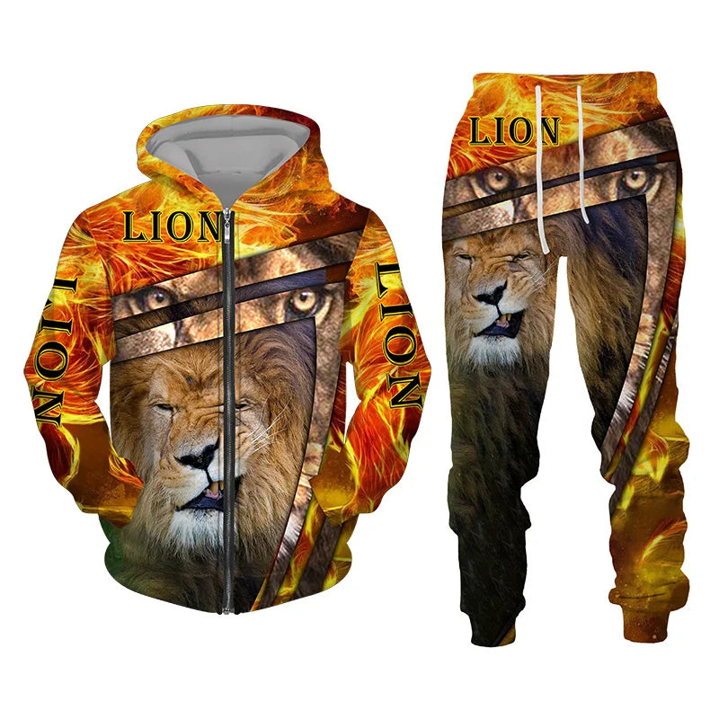 Spring and Autumn Men's Tracksuit 3D The Lion Print Zipper Hoodies Sweatshirts Pants Sets Casual Mens Clothing Women's Tracksuit