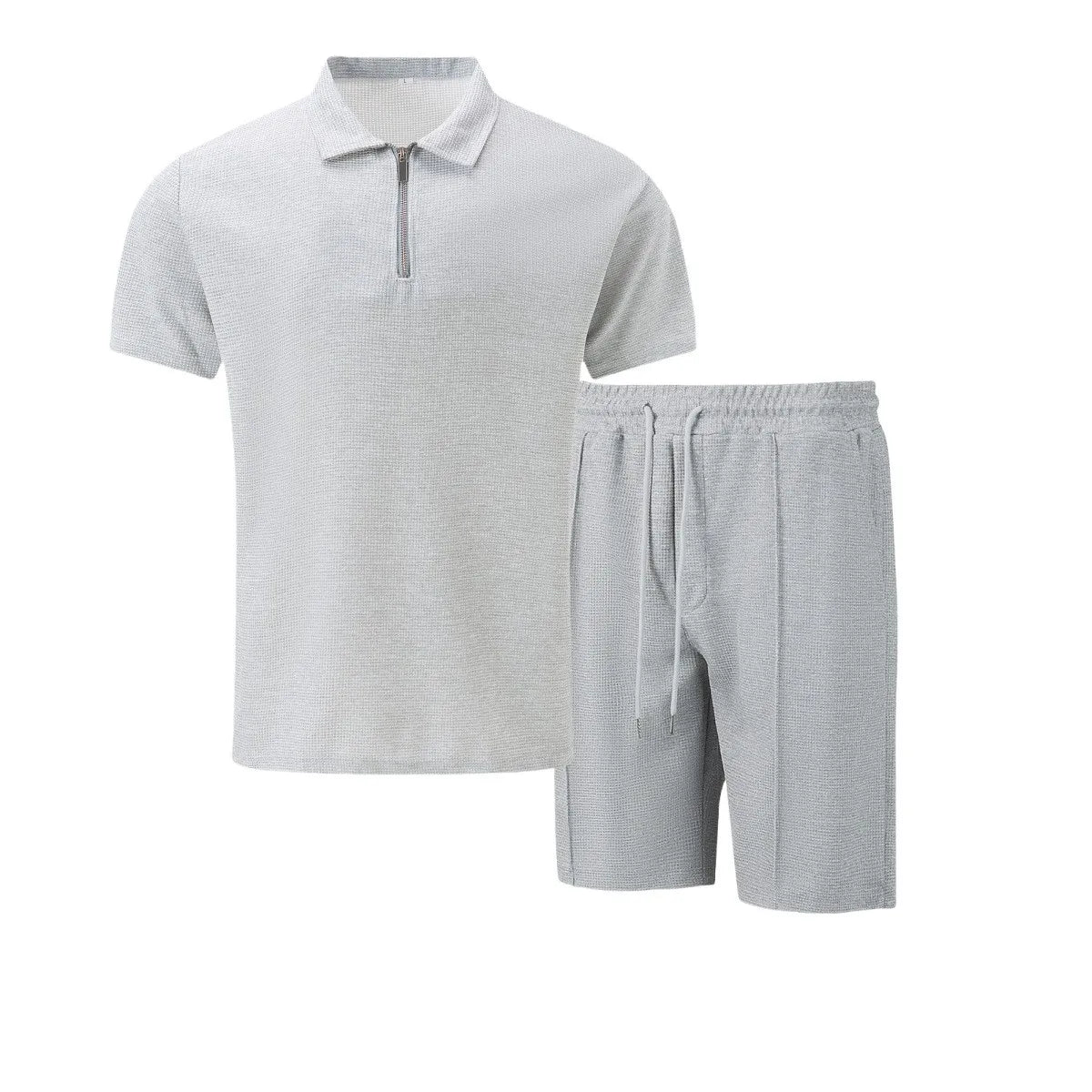 2026 Men Europe and the United States new summer Waffle solid color zip-up lapel short-sleeve suit shorts two sets