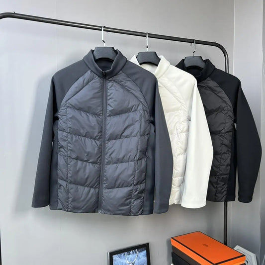 90 white duck down three-proof fabric men's down jacket, stand-up collar knitted patchwork sports outdoor winter coat