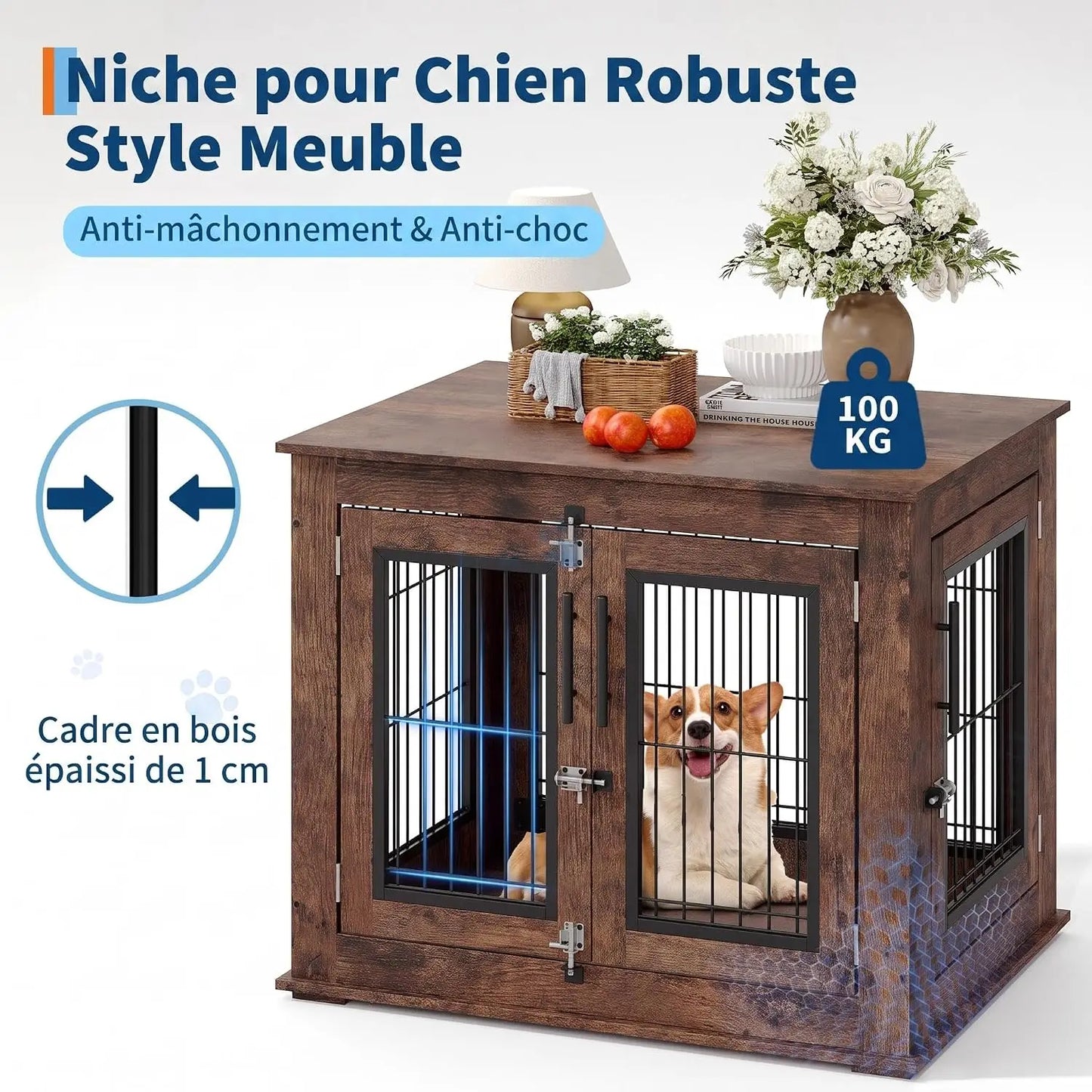 Garvee Wooden Dog Crate Furniture 80×60×66cm, Rustic Brown Pet Kennel with Openable Top and Double Lockable Doors, Bite Resistant Escape Proof Indoor Dog House Side Table
