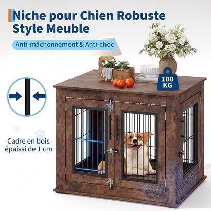 Garvee Wooden Dog Crate Furniture 80×60×66cm, Rustic Brown Pet Kennel with Openable Top and Double Lockable Doors, Bite Resistant Escape Proof Indoor Dog House Side Table