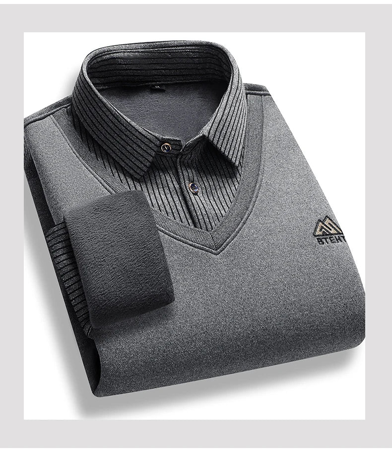 Men's Fleece Lined Sweater Polo Collar Pullover Tops Fashion Business Causal Pullovers Korean Slim Fit Thick Winter Clothes