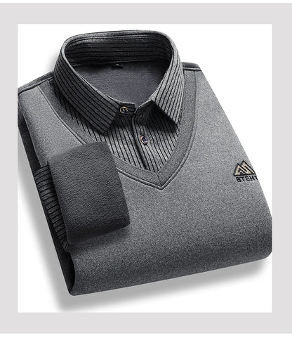 Men's Fleece Lined Sweater Polo Collar Pullover Tops Fashion Business Causal Pullovers Korean Slim Fit Thick Winter Clothes