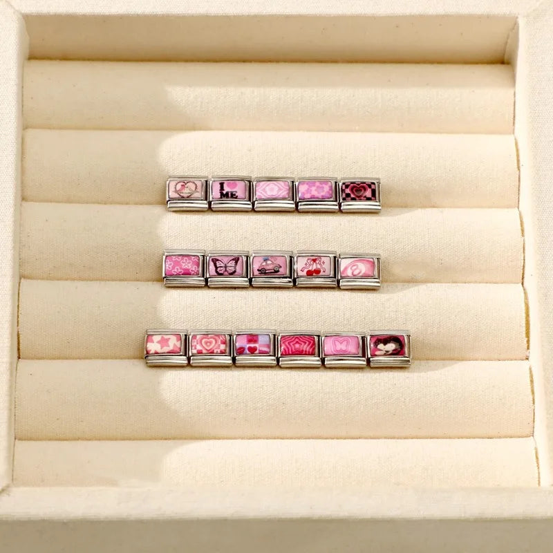 Wholesale Sweet Pink Series Stars Heart Flowers Butterfly Italian Link Fit 9mm Stainless Steel Bracelet Making DIY Charm Jewelry