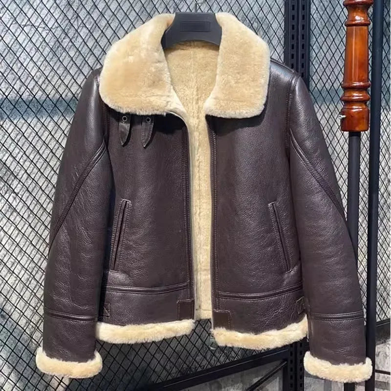 CC SHop Best.Guarantee Genuine leather jacket with fur.Winter warm women 100% shearling coat.Street sheepskin with wool jackets
