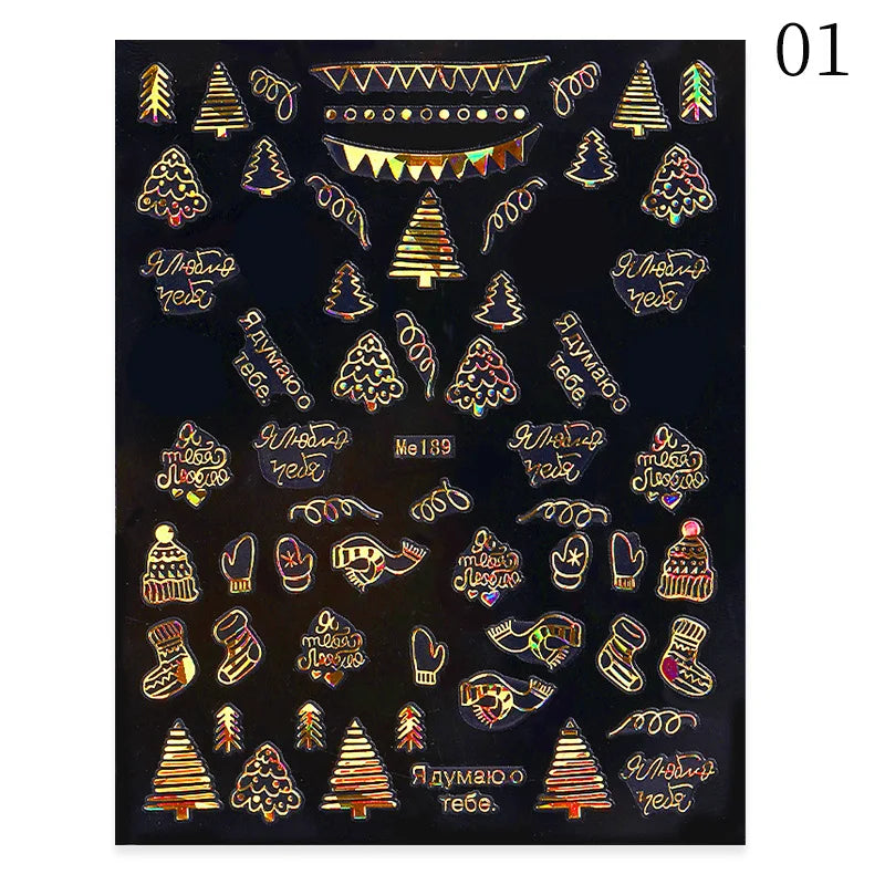 1PCS New Christmas Decorations 2023 New Year Nail Stickers Press on Nails Laser Snowflake Christmas Tree 3D Nail Decal