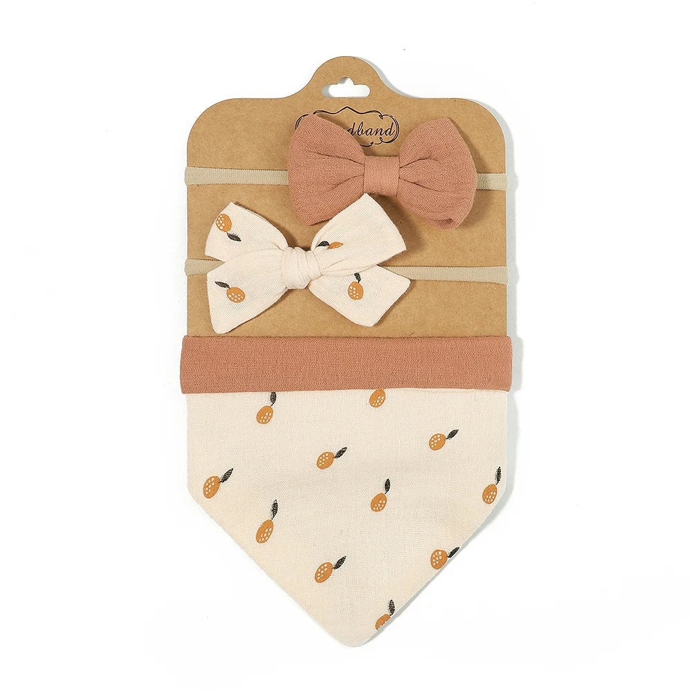 3Pcs/Set Muslin Cotton Print Bib Newborn Bows Headband Triangle Saliva Towel Infant Boy Girl Feeding Burp Baby Hair Accessories
