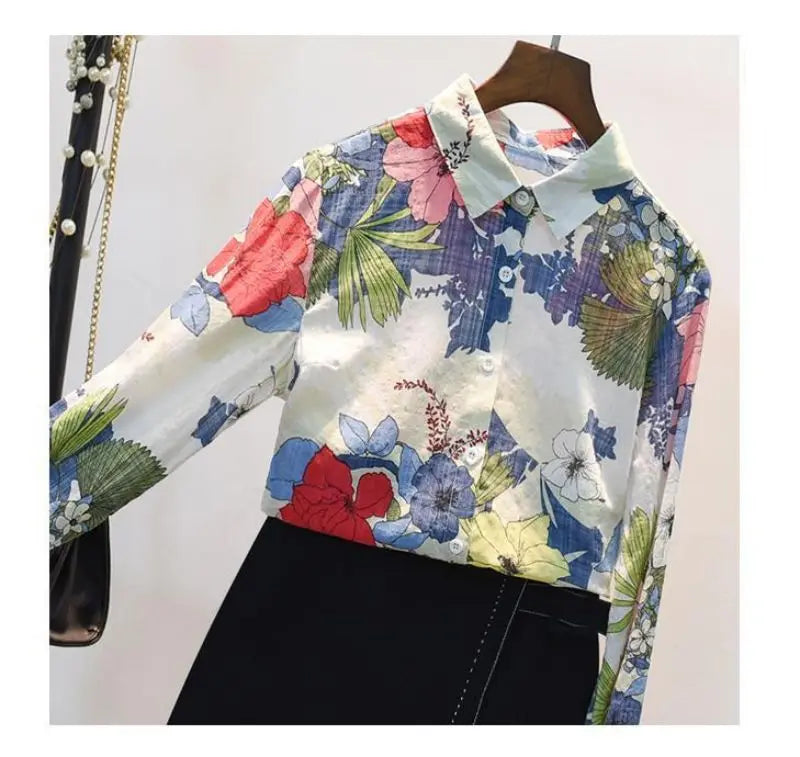 Blue Floral Print Vintage Polo-Neck Single Breasted Long Sleeve Women's Blouse Shirt Casual Female Clothing Tops Fashion 2024