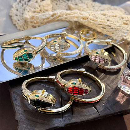 LuxuryDiamondEmbedded Fashionable Snake-Shape Bracelet Watch for Women Elegant Open Handbag Stylish European And American Design