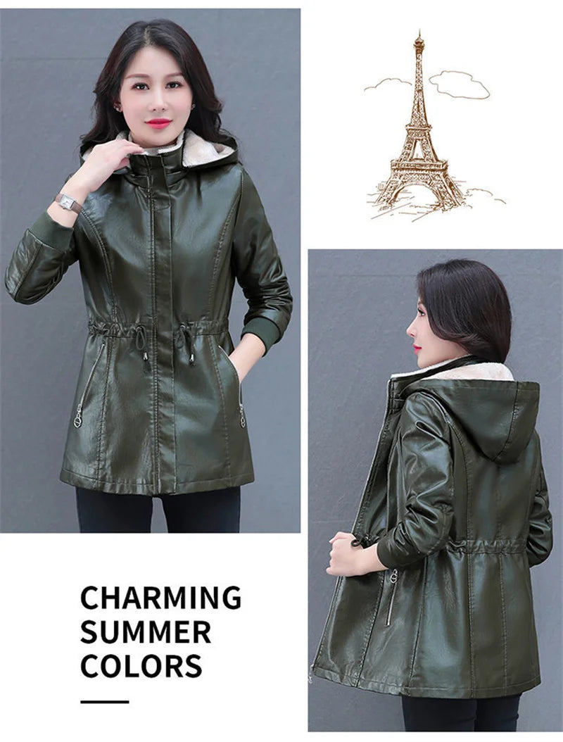 Winter Coat New Fashion Soft Leather Clothes Women's Long Sheep Leather Jacket Plus Velvet Padded Warm Coat