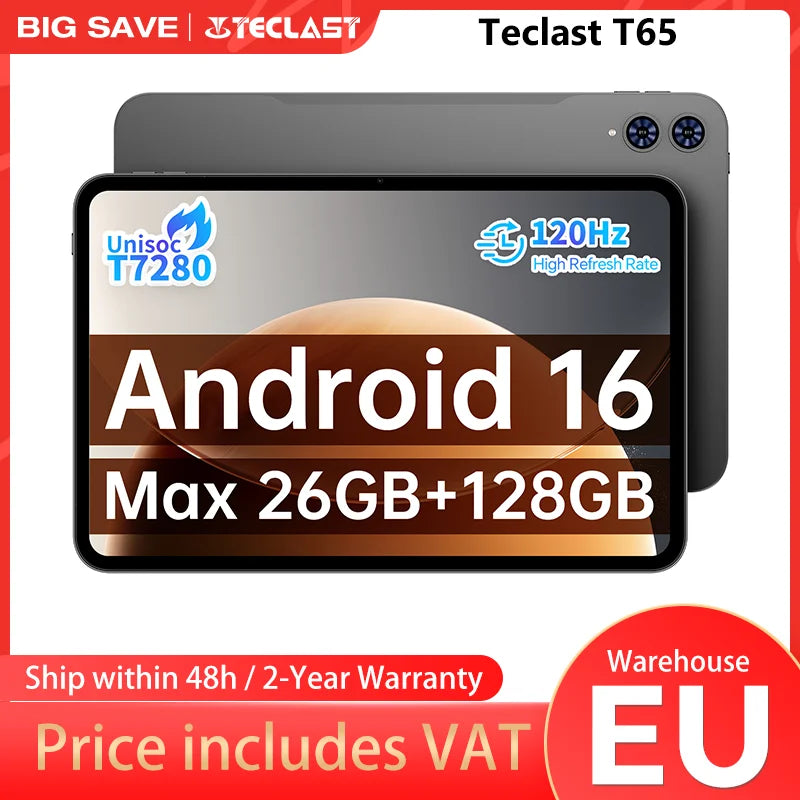 Teclast T65 Android 16 Tablet 13.4 Inch 1920X1200 120Hz T7280 8 Cores (6+20)Max 26Gb Ram 128Gb Rom 4g Lte 8000Mah 13Mp+5Mp