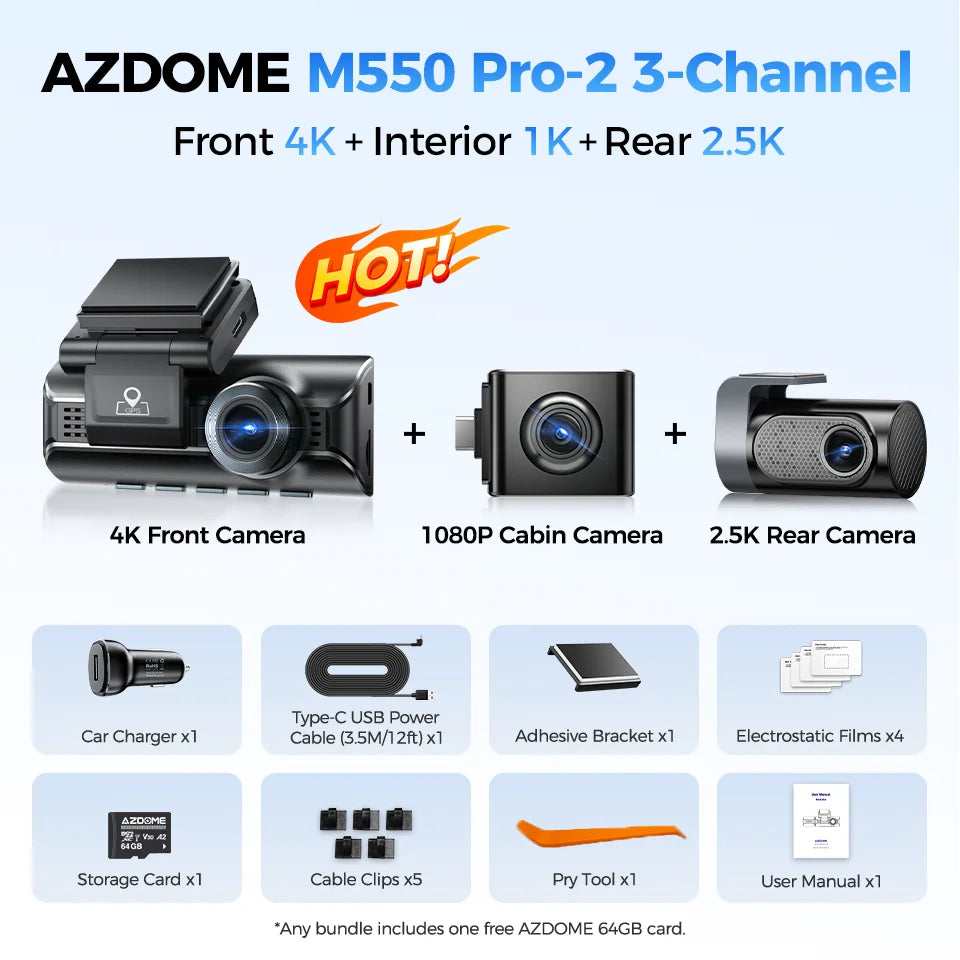 AZDOME M550 Pro 5.8Ghz WiFi 2/3 Channel Dash Cam 4K+2.5K Built-in GPS 3.19" IPS Screen Car DVR IR Night Vision 24H Parking Mode