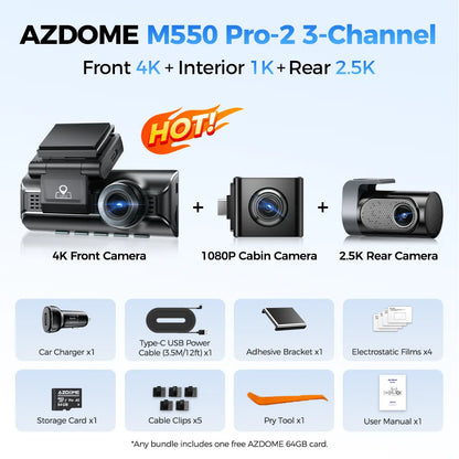 AZDOME M550 Pro 5.8Ghz WiFi 2/3 Channel Dash Cam 4K+2.5K Built-in GPS 3.19" IPS Screen Car DVR IR Night Vision 24H Parking Mode