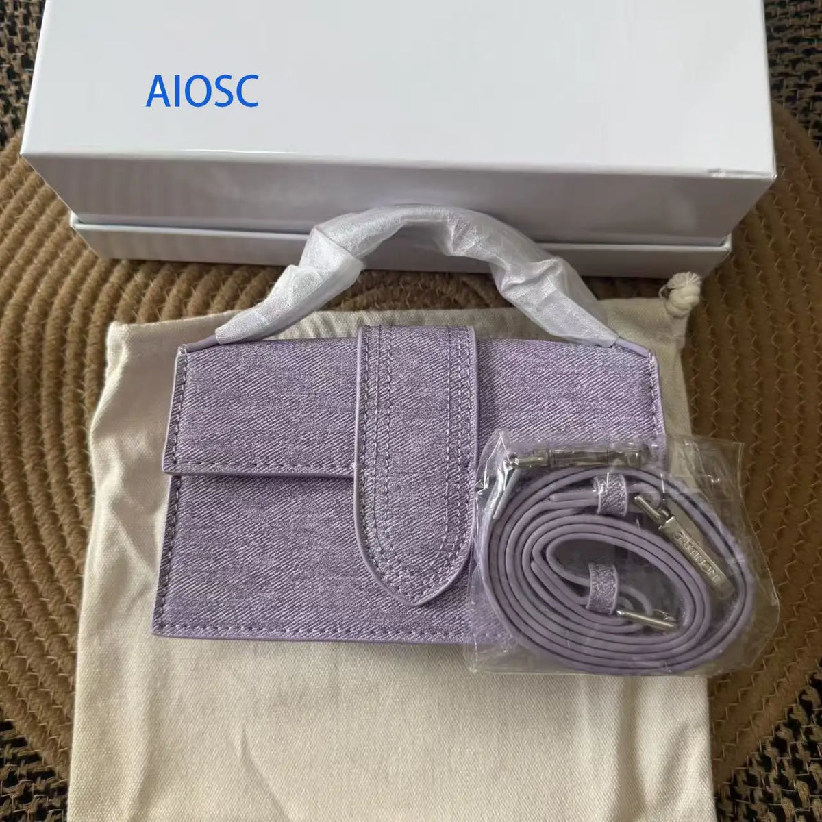 Women Denim Textured Mini Baguette Bag Thin Short Top Handle Detachable Adjustable Crossbody Strap Flap Purse