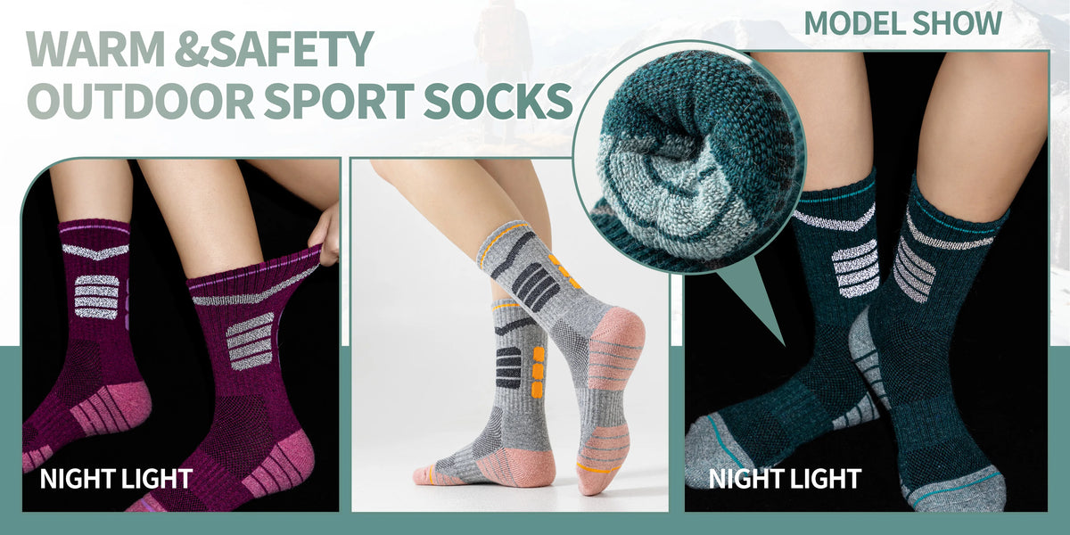 5 Pairs Merino Wool Hiking Reflective Socks Outdoor Night Men&Women Trail Running Cycling Trekking Moisture Wicking Cushion Crew Socks