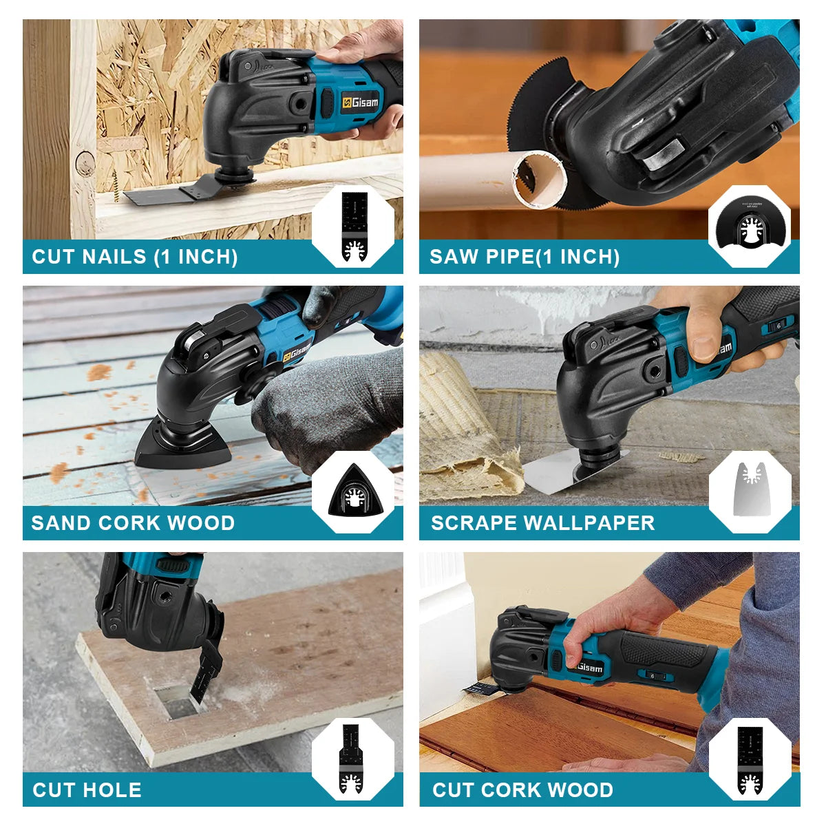Gisam 20000OPM Cordless Quickrelease Oscillating Tool Multifunction Trimmer Power Tool Anti-Vibration for makita 18V battery Pin