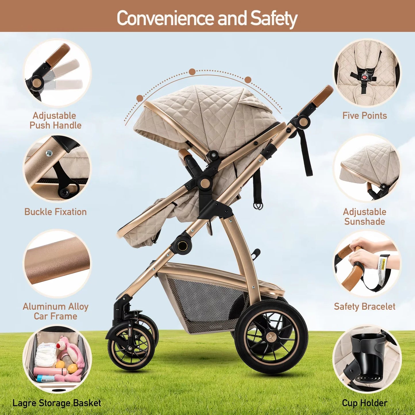 Baby Stroller 3 in 1 Easy Folding Multifunctional Stroller Travel Portable Baby Carriage Safety Seat EU Standard Aluminum Frame