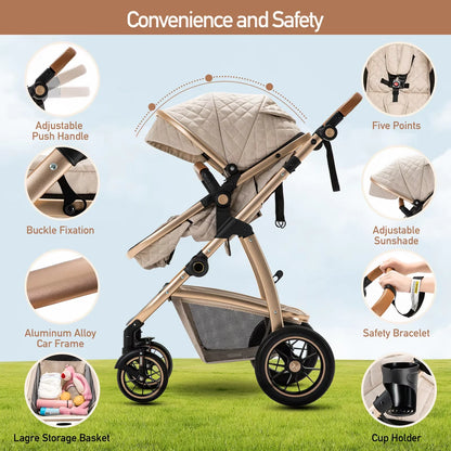 Baby Stroller 3 in 1 Easy Folding Multifunctional Stroller Travel Portable Baby Carriage Safety Seat EU Standard Aluminum Frame