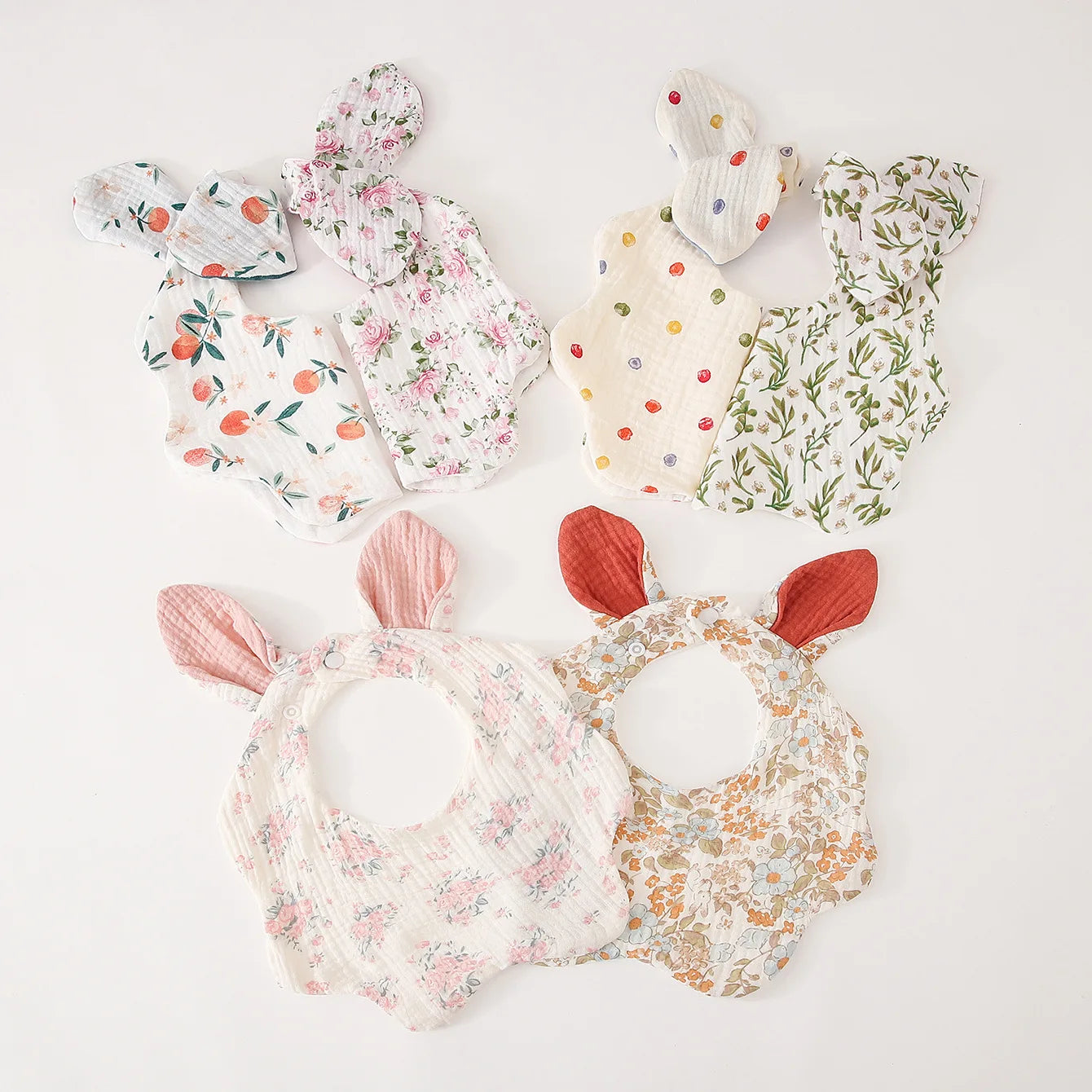 Baby Cotton Crepe Bandana, Rabbit Ears Wavy Edge Drool Bib, Soft Absorbent, Newborn Anti-Drool Bib, Multi-Purpose