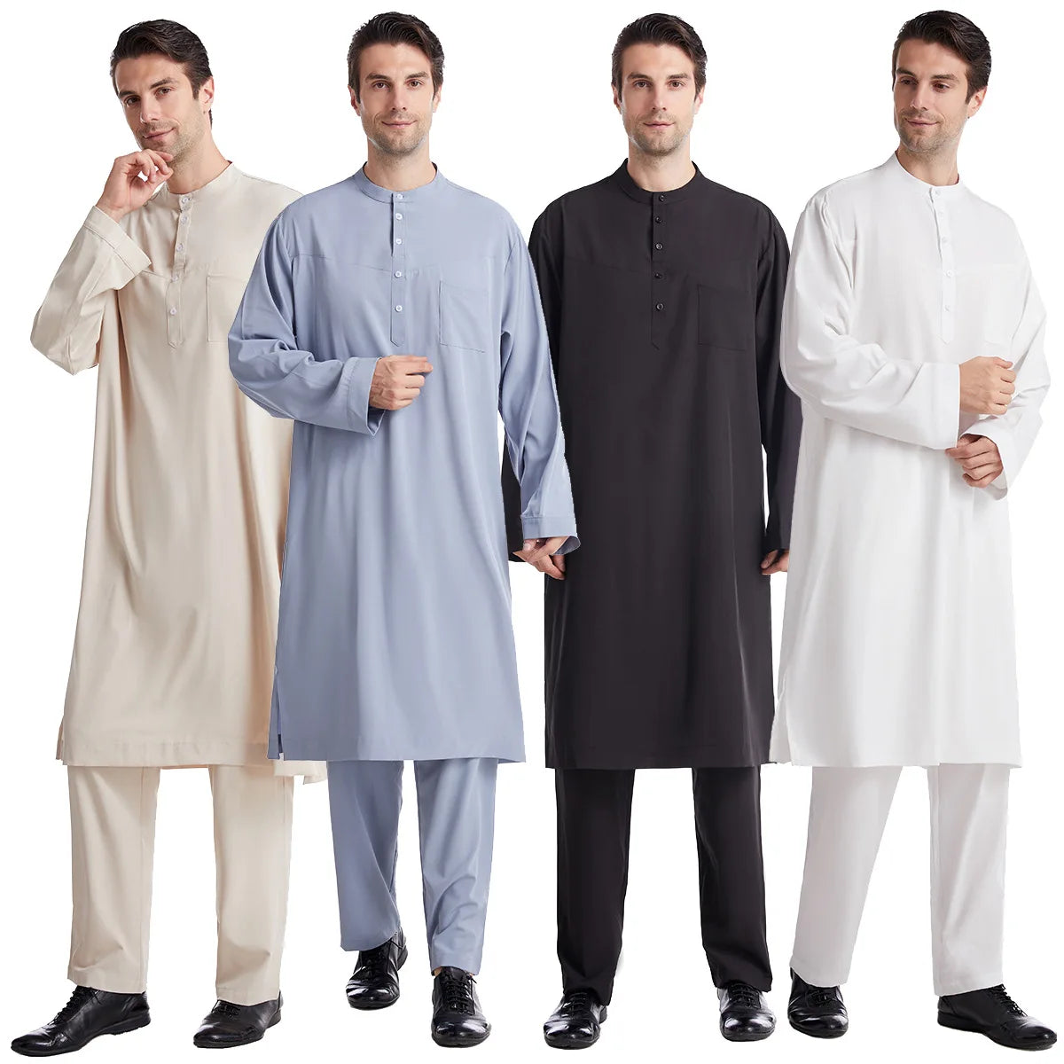 Muslim Men Jubba Thobe 2 Pice Set Top with Pant Mens Abaya Long Islamic Eid 2025 Ramadan Long Robe Saudi Wear Caftan Dubai Arab