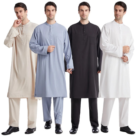 Muslim Men Jubba Thobe 2 Pice Set Top with Pant Mens Abaya Long Islamic Eid 2025 Ramadan Long Robe Saudi Wear Caftan Dubai Arab