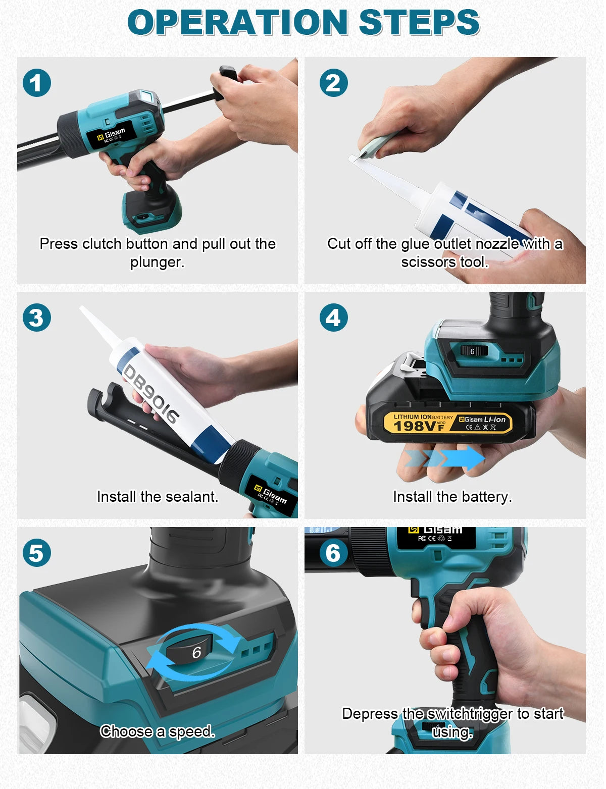 Gisam Electric Caulking Gun Glue 400KG 6Gear Cordless Glass Glue Gun Adhesive Glue Sealant Power Tool For Makita 18V Battery Pin