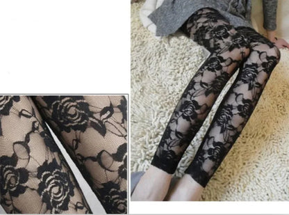 New Retro Sexy Net Yarn Lady Rose Lace Elegant Through Leggings Pants Footless Black White Women Summer Skinny Nine Pants