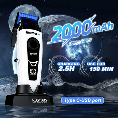 ROSYOUS Professional Hair Clipper DLC Blade 8000RPM Brushless Motor with Base Charger LED Display Hair Cutting Machine for Men