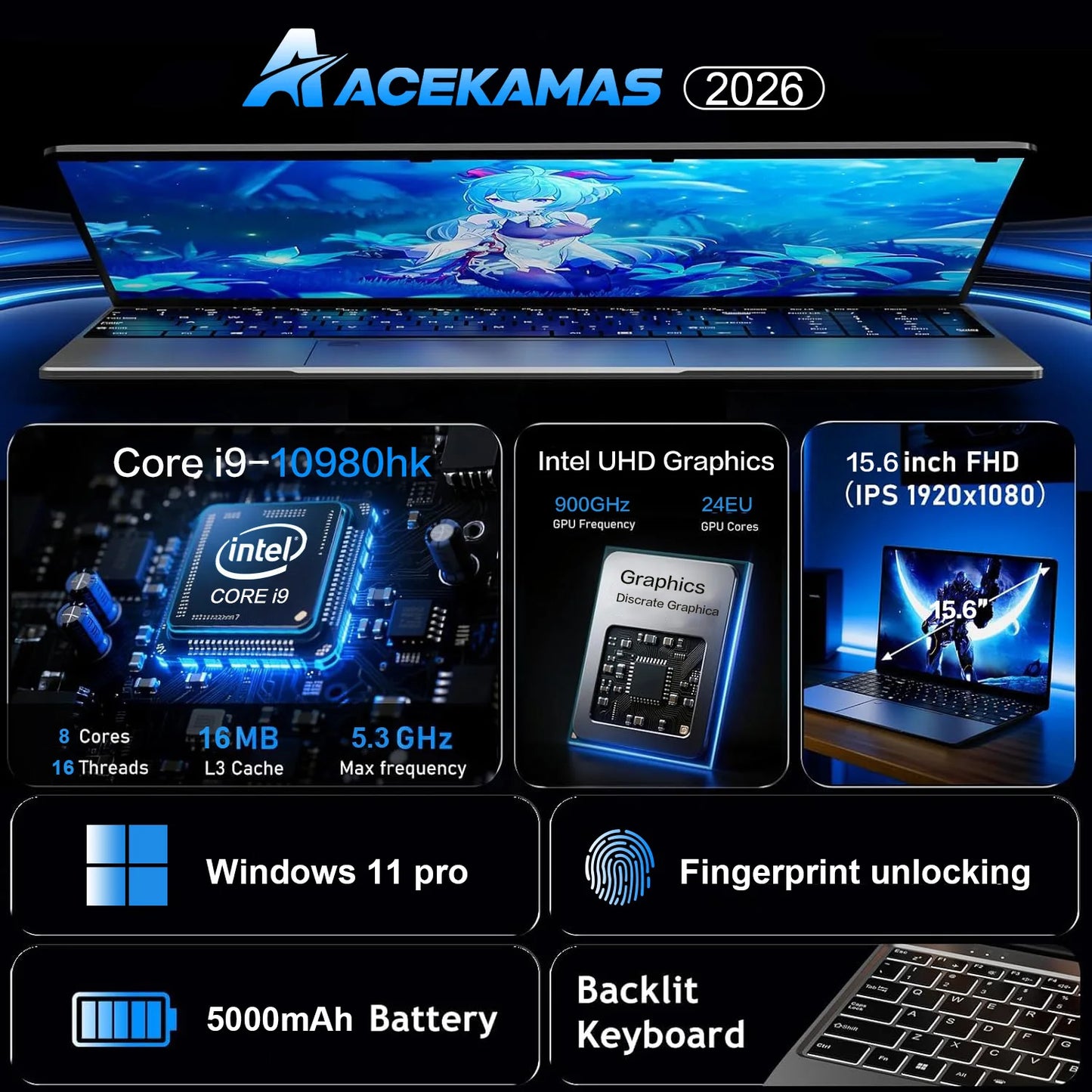 15.6'' Intel Core I9 10980HK Gaming Laptop Windows 11 16GB RAM 1TB 2TB SSD Fingerprint Unlock Computer Backlight Office Laptop P
