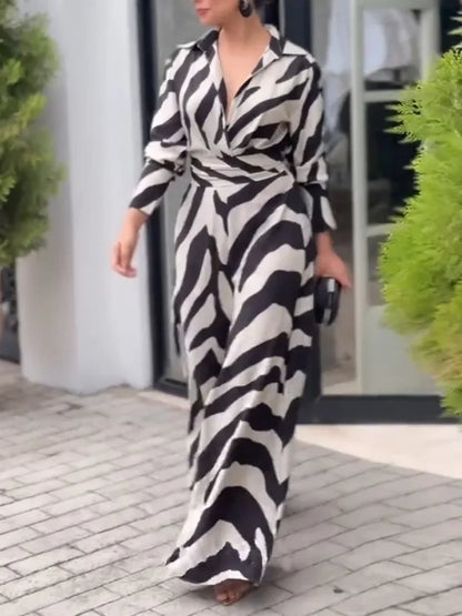 Women's Fashion Zebra Printed Wide Leg Lapel Jumpsuits Long Sleeves High Waisted Urban Trendy Office Party Jump Suits