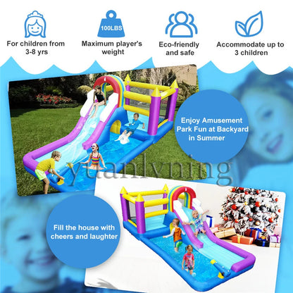Inflatable Water Slide Bounce House Children Splash Pool Rainbow Castle Kids Outdoor Backyard Water Park with Air Blower