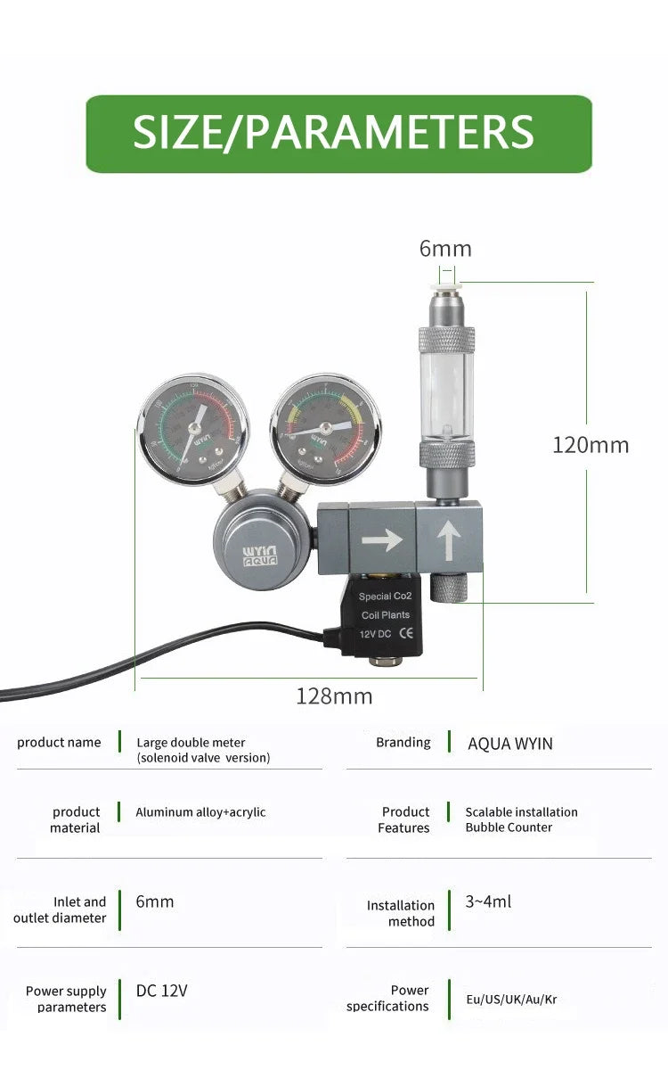 Aquarium CO2 Regulator Dual Meter Solenoid Valve Quick Plug Foam Recorder Control System Fish Tank CO2 Pressure Reducing Valve