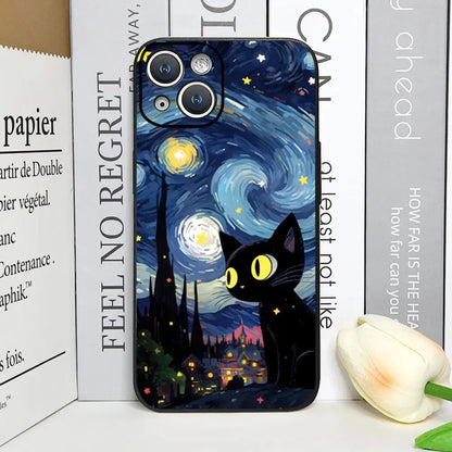 Artistic Black Cat Starry Night Phone Case For iPhone 17 16 15 14 13 12 Pro Max Mini 7 8 SE Plus Couple Cover Soft Shell Fundas