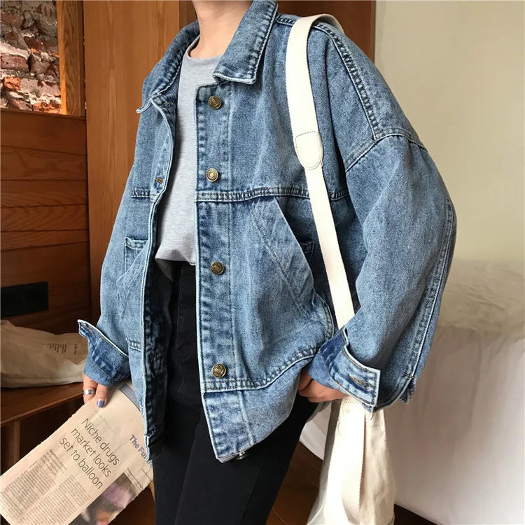 Denim Jacket Women's Spring Autumn New High Street Jeans Coat Oversize Loose Basic Jackets Simple Versatile Lapel Outerwear