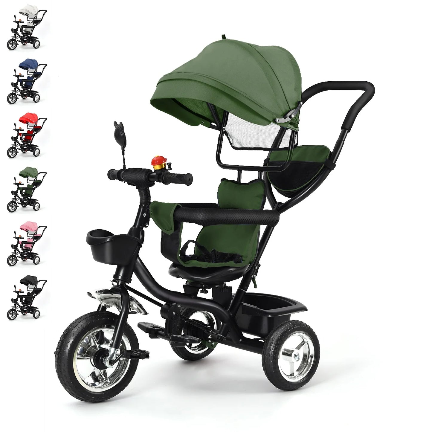 Baby scalable Tricycle 1 to 5 years, bike for elderly plus children, reversible seat, large basket and bag, larger wheels, with thrust handle, green/pink/black/red/blue/gray