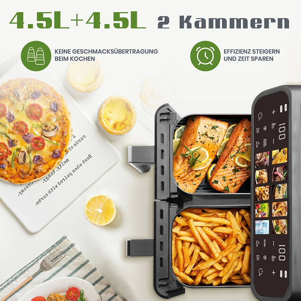Hot Air Fryer 9L Dual Basket Electric Oilless Cooker Oven with Touch Control,10-In-1 Multifunction,Visible Window,Family Size