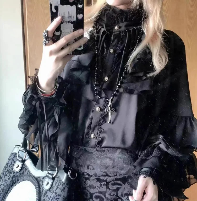 Japanese Kawaii Cute Lolita Blouse Women Vintage Lantern Sleeve Shirt Summer Y2k Aesthetic Lace Patchwork Top JK Loose Blusas