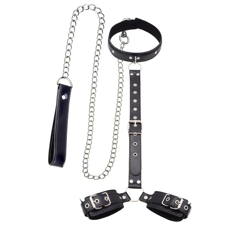 Bondage Restraint Kit Adjustable Collar & Wrist Cuffs Durable PU Leather Fetish Play Set for Adult Couples