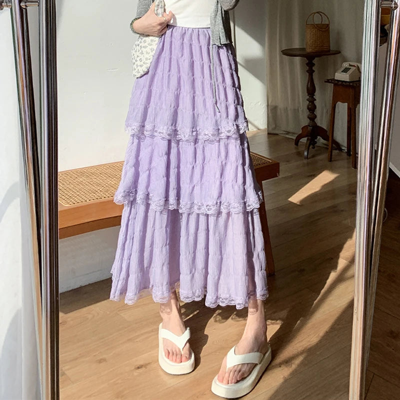 Sweet Lace Women Cake Puff Chiffon Skirts Summer Stylish Tierred Pleated Hem Solid Long Skirt Korean A-Line High Waist Skirts